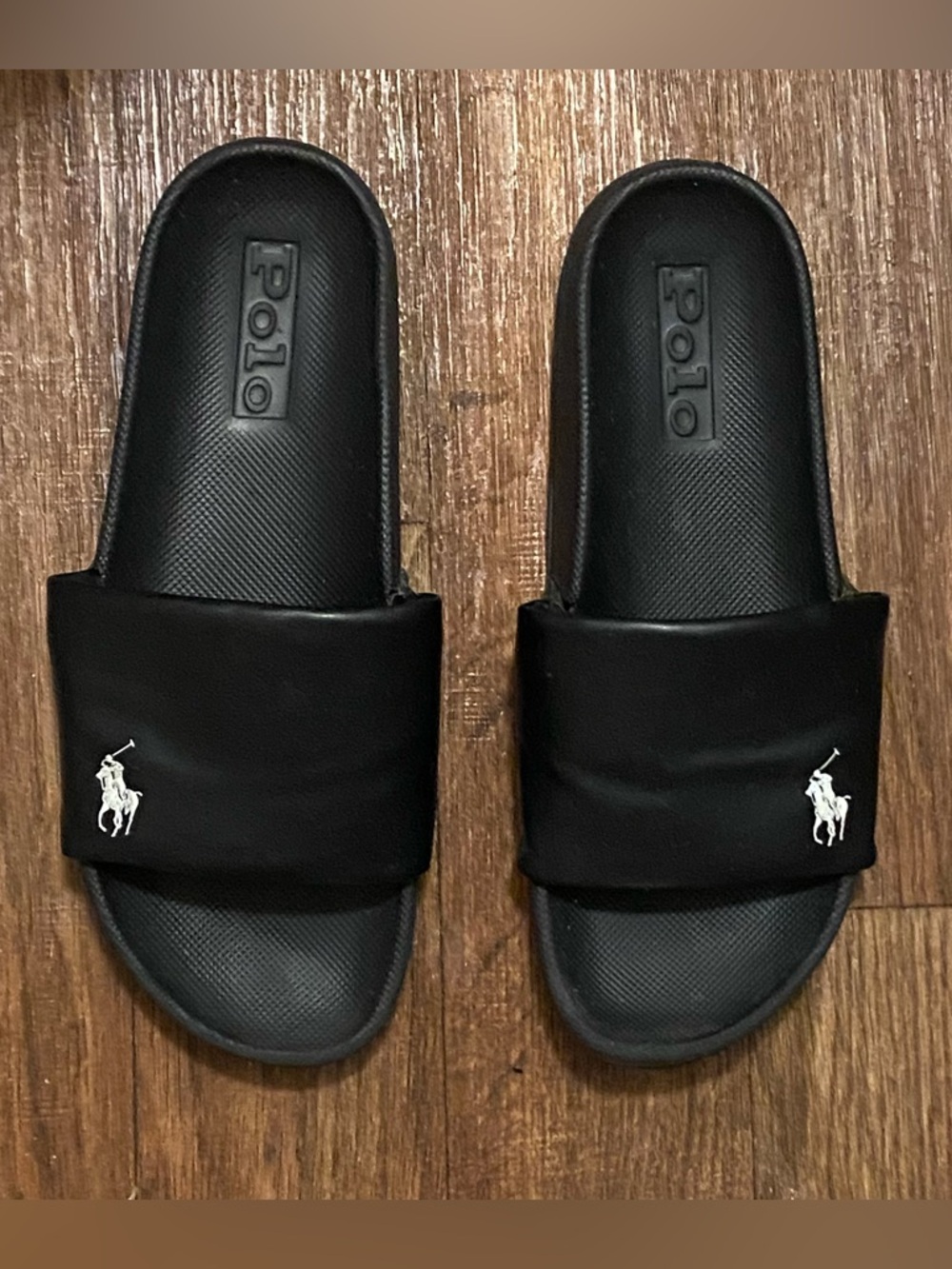 Polo Ralph Lauren Mens Cayson Pony Slide Sandals Size 10.5 Black Faux Leather